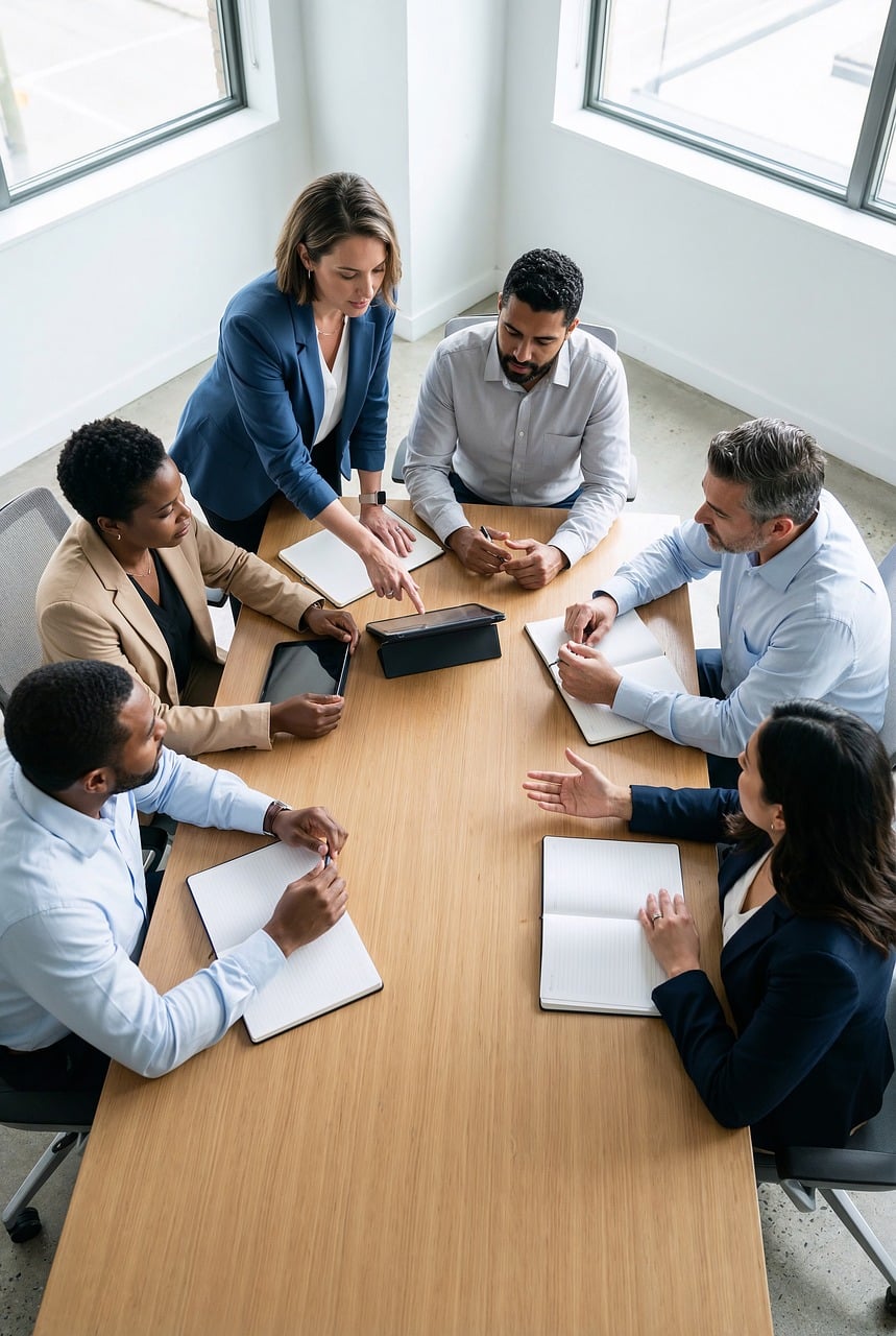 Home business, meeting, office, teamwork, colleagues, discussion, professional, diversity, table, collaboration, corporate, strategy, workplace, planning, group, communication, leadership, success, bright, focus